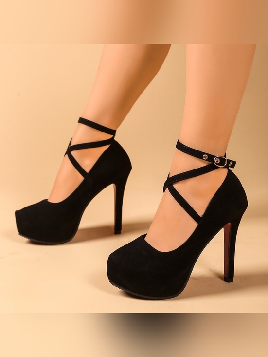 Just Jen Shoes - Black Suede Crisscross Ankle-Strap High Heels